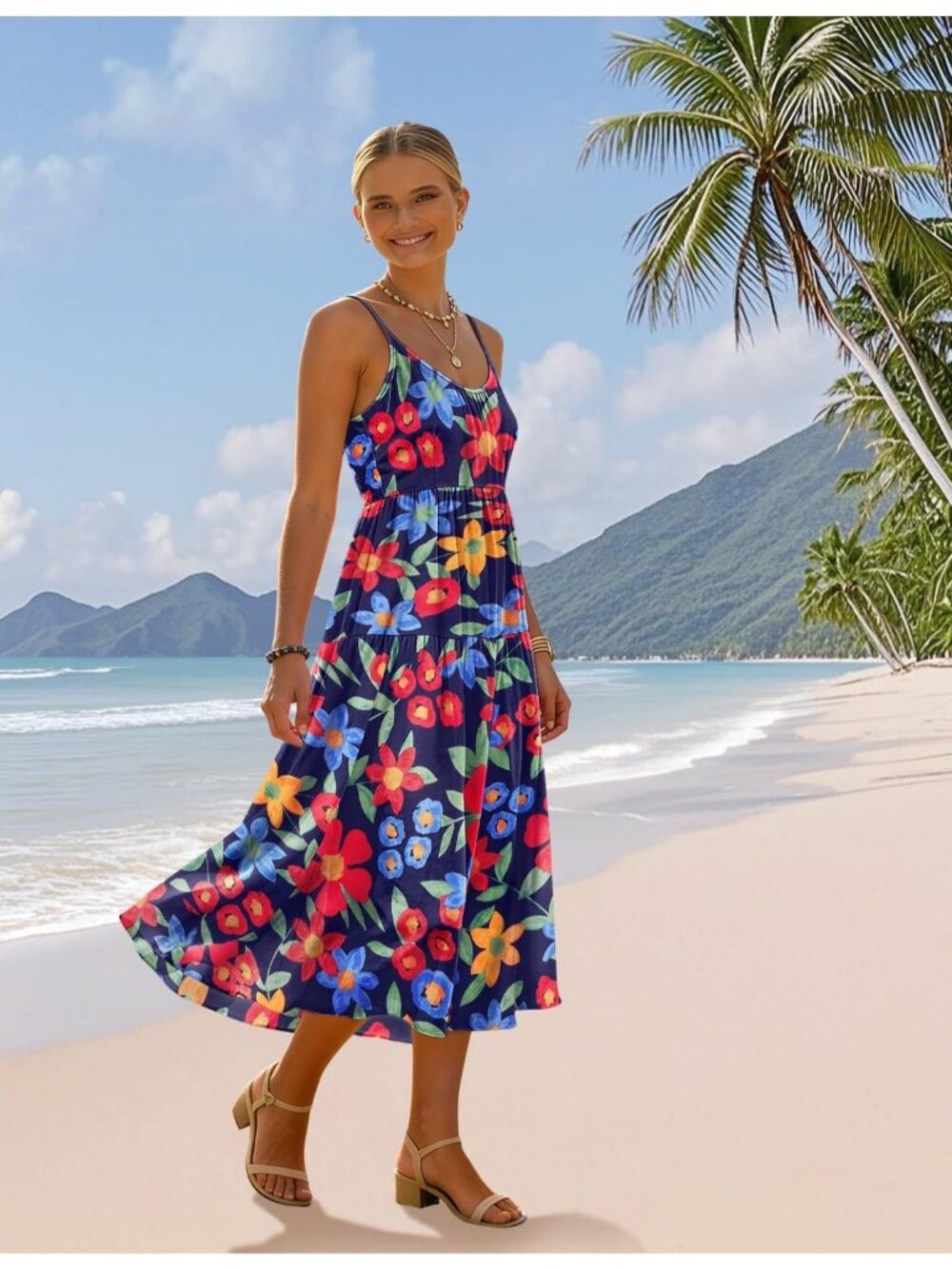Women's Floral Navy stable Spaghetti Strap Sundress Boho Casual Flow Midi Dress - Picture 3 of 5